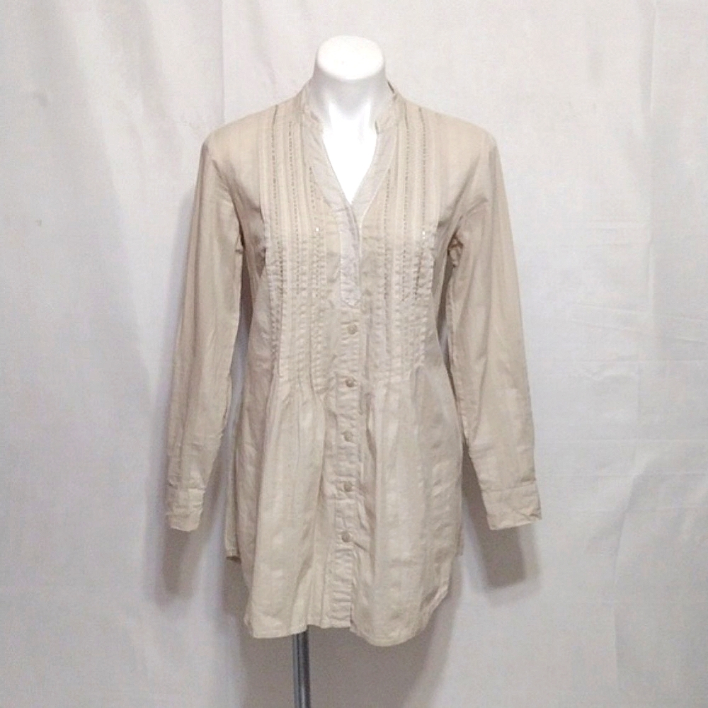 Style & Co Bead Detail Pleated Button-Up Tunic Top Roll Tab Sleeves US 6 Casual